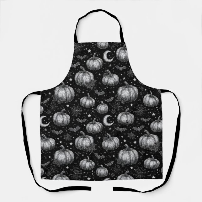 Black and White Halloween Pumpkin, Bat, Spiderweb Apron (Front)