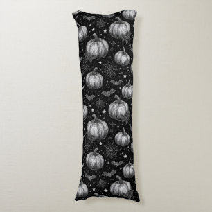 Black and White Halloween Pumpkin, Bat, Spiderweb Body Pillow