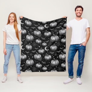 Black and White Halloween Pumpkin, Bat, Spiderweb Fleece Blanket
