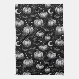 Black and White Halloween Pumpkin, Bat, Spiderweb Kitchen Towel