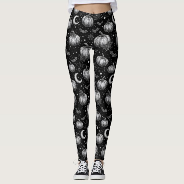 Black and White Halloween Pumpkin, Bat, Spiderweb Leggings (Front)