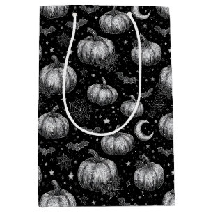 Black and White Halloween Pumpkin, Bat, Spiderweb Medium Gift Bag