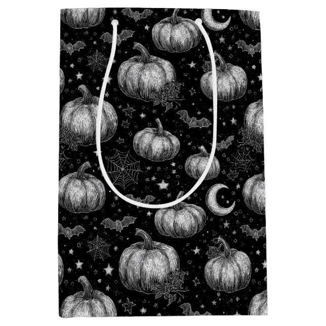 Black and White Halloween Pumpkin, Bat, Spiderweb Medium Gift Bag (Front)