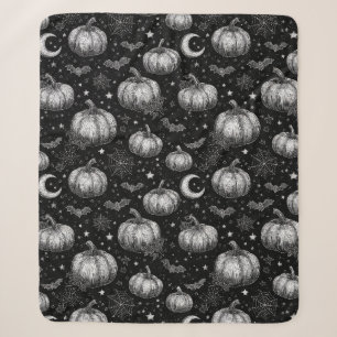 Black and White Halloween Pumpkin, Bat, Spiderweb Sherpa Blanket