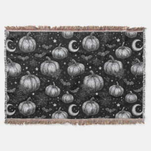 Black and White Halloween Pumpkin, Bat, Spiderweb Throw Blanket