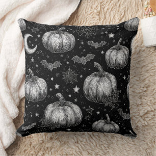 Black and White Halloween Pumpkin, Bat, Spiderweb Throw Pillow
