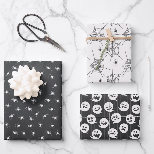 Black and White Halloween Themed Spiders Ghost Wrapping Paper Sheet (Front)