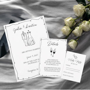 Black and White Hand Drawn Bride and Groom Wedding Invitation
