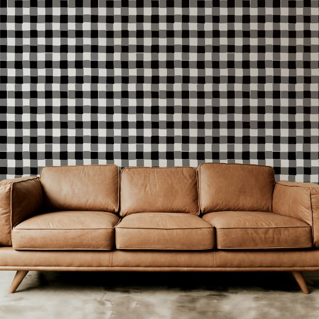Black and White Hand-Drawn Buffalo Check Plaid Wallpaper (Classic black and white hand-drawn buffalo check plaid modern peel and stick wallpaper.)