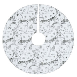 Black and white Hand drawn cats & Christmas tree Brushed Polyester Tree Skirt