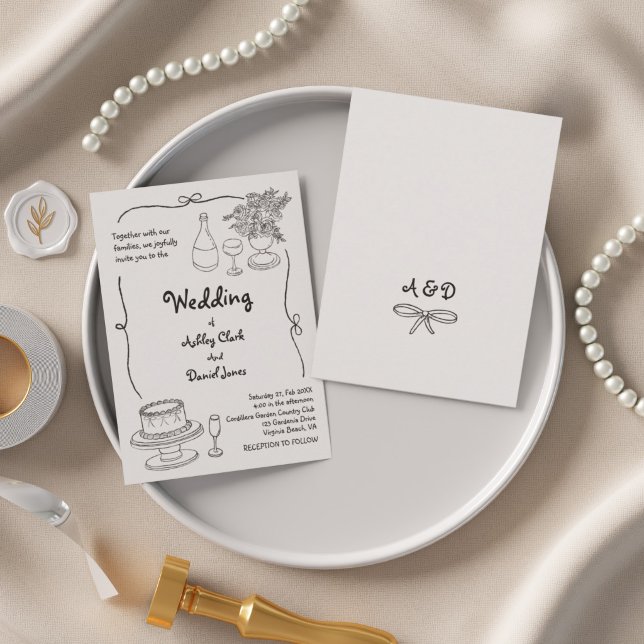 Black and White Hand Drawn Doodle Simple Wedding  Invitation (Black and White Hand Drawn Doodle Simple Wedding Invitation)