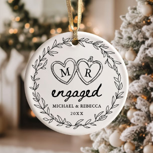 Black and White Hand Drawn Engaged Christmas Ceramic Ornament