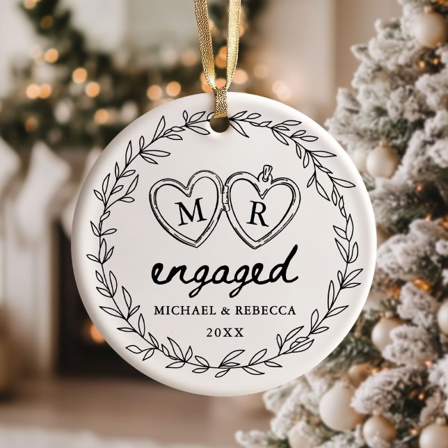 Black and White Hand Drawn Engaged Christmas Ceramic Ornament (Creator Uploaded)