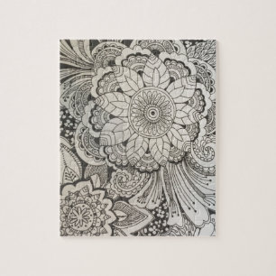 Black and White hand drawn floral Jigsaw Puzzle