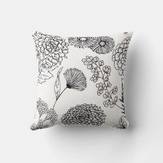 Black and White Hand-Drawn Floral SketThrow Pillow