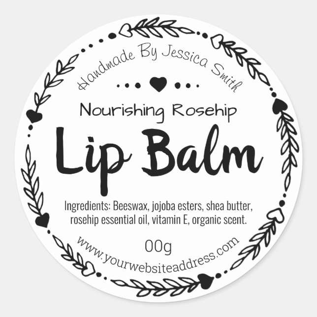 Black And White Hand Drawn Lip Balm Pot Labels (Front)