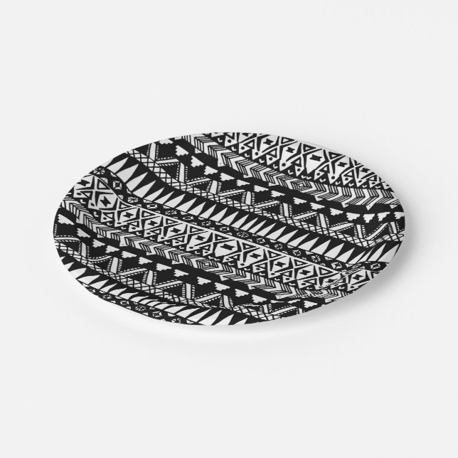 Black and White Hand Drawn Modern Tribal Aztec Paper Plate (Angled)