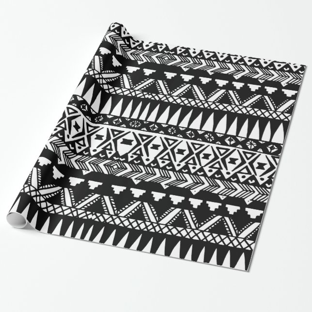 Black and White Hand Drawn Modern Tribal Aztec Wrapping Paper (Unrolled)