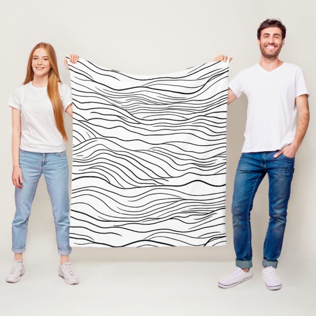 Black and White Hand-Drawn Wavy Line Pattern Fleece Blanket (In Situ)