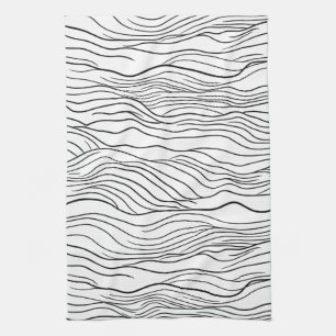 Black and White Hand-Drawn Wavy Line Pattern Kitchen Towel