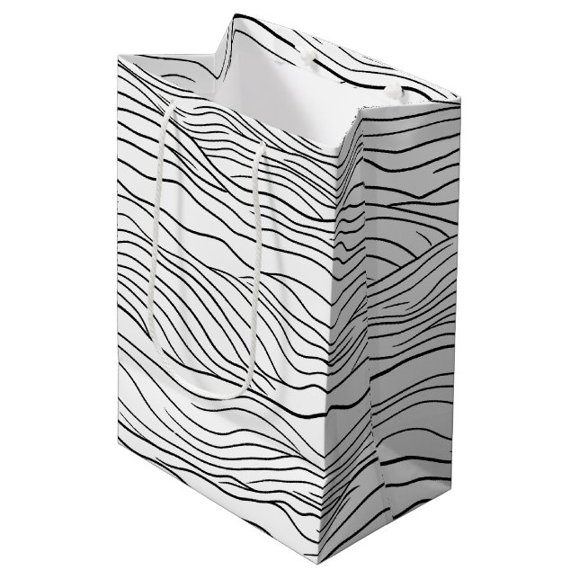 Black and White Hand-Drawn Wavy Line Pattern Medium Gift Bag (Front Angled)