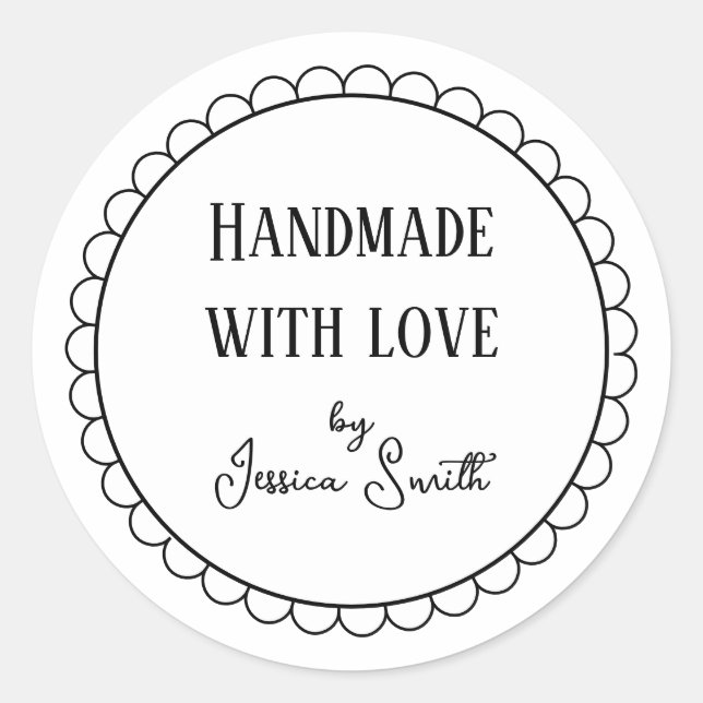 Black and White Handmade with Love Business Classic Round Sticker (Front)