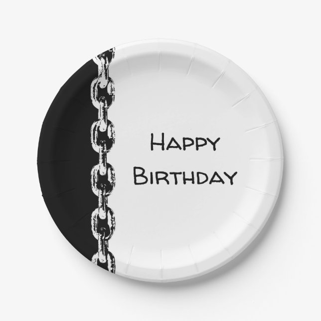 Black and White Happy Birthday Chain Paper Plate (Front)