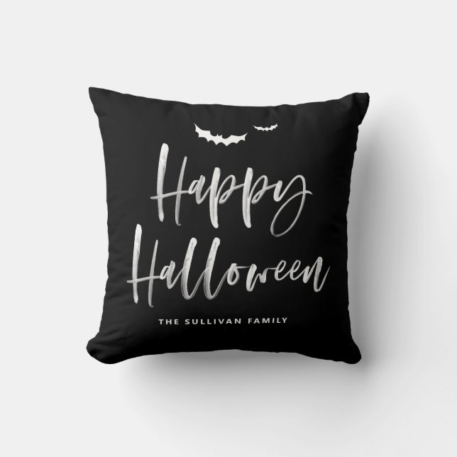 Black and White Happy Halloween Brush Calligraphy  Throw Pillow (Front)