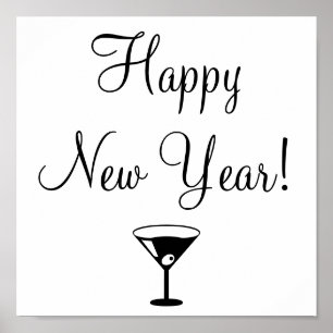 black and white Happy New Year poster with martini