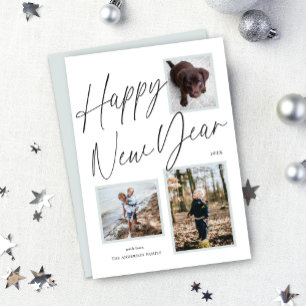 Black and White Happy New Year Script Photo Holiday Card