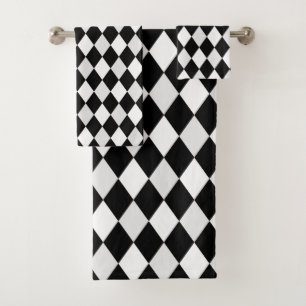 Black and White Harlequin Diamond Pattern Bath Towel Set