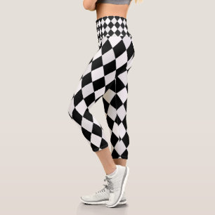 Black and White Harlequin Diamond Pattern Capri Leggings