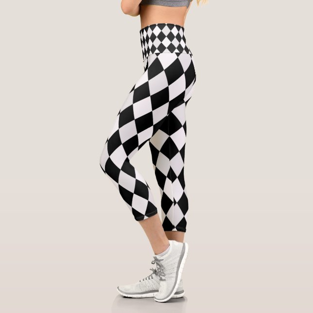 Black and White Harlequin Diamond Pattern Capri Leggings (Left)