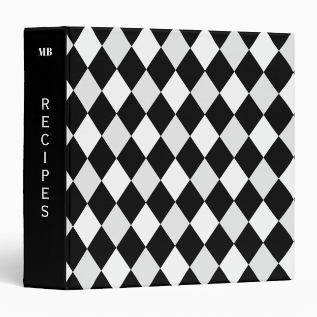 Black and White Harlequin Diamond Pattern Recipe Binder (Front/Spine)