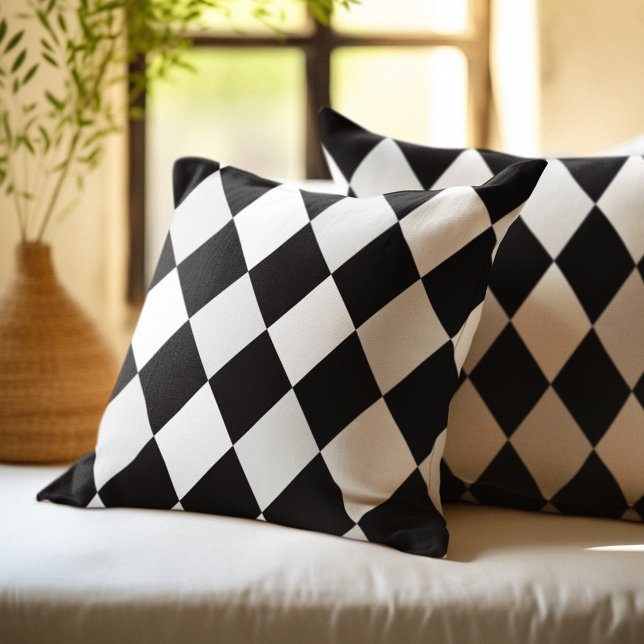 Black and White Harlequin Diamond Pattern Throw Pillow (Creator Uploaded)