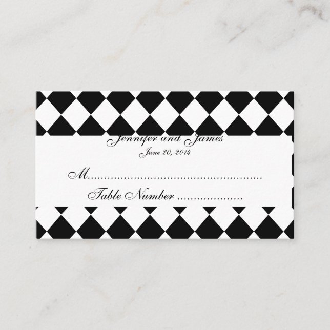 Black and White Harlequin Wedding Place Card (Front)
