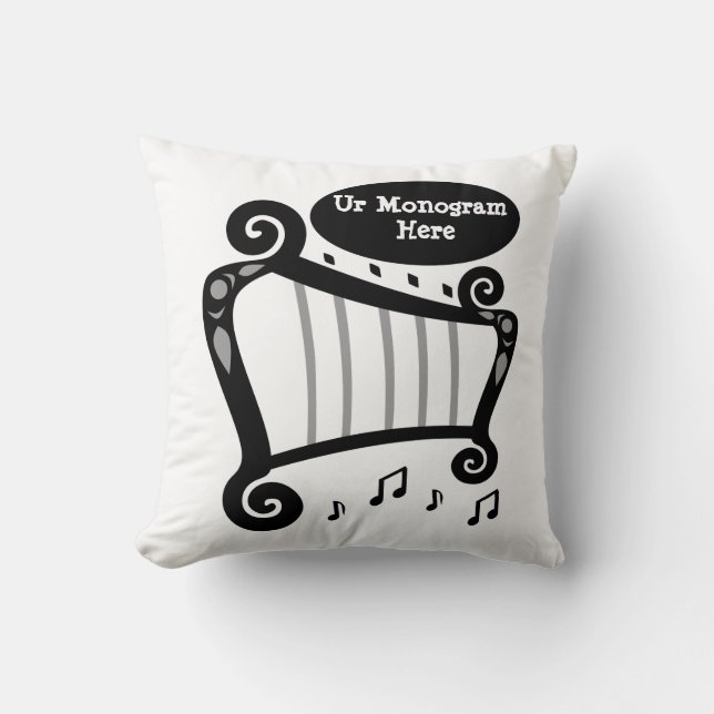 Black and White Harp Monogram Throw Pillow (Front)