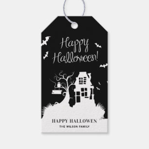 Black and White Haunted House Halloween Party Gift Tags