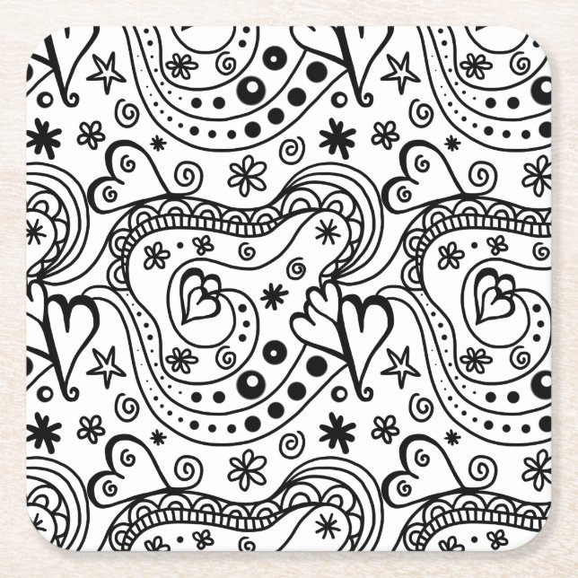 Black and White Heart Abstract Square Paper Coaster (Front)