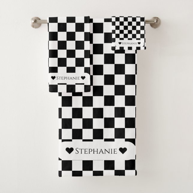 Black and White  Heart Custom Name Bath Towel Set (Insitu)
