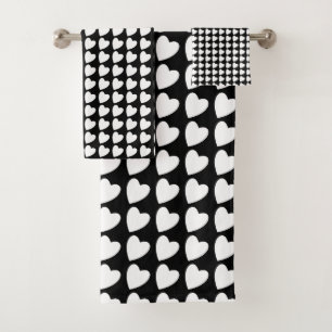 Black and White Heart Pattern Chic Bath Towel Set