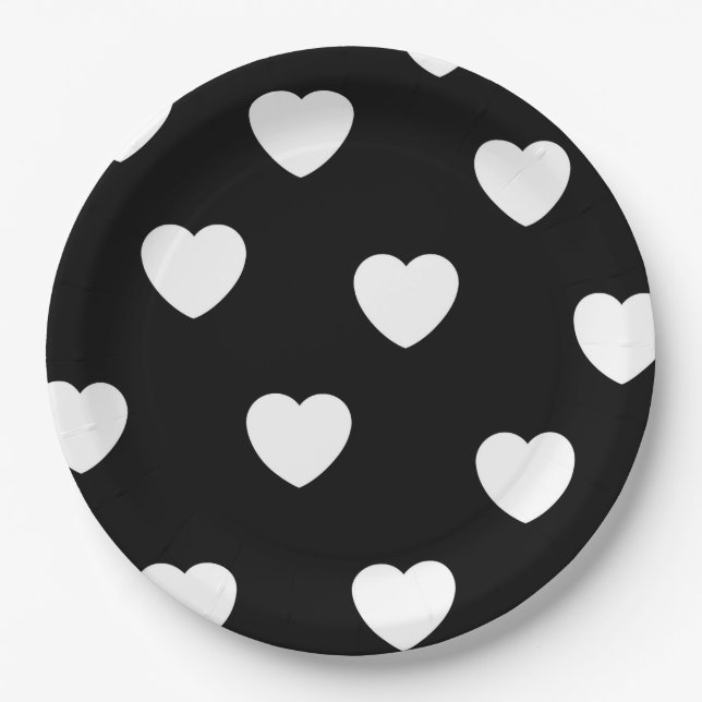 Black and White Heart Pattern  Paper Plate (Front)