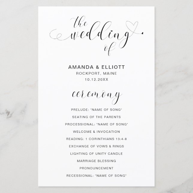 Black and White Heart Programme de mariage moderne (Devant)