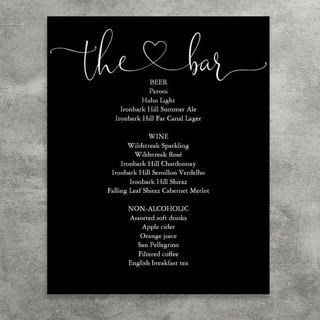 Black And White Heart Script Bar Menu Poster (Black And White Heart Script Bar Menu Poster)
