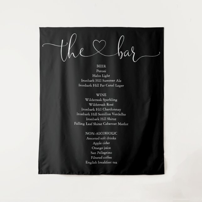Black And White Heart Script Bar Menu Tapestry (Front)