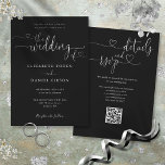 Black And White Heart Script QR Code Wedding Invitation<br><div class="desc">This elegant black and white wedding invitation featuring heart script calligraphy can be personalized with your information in chic typography with your wedding website details and your QR code on the reverse. Designed by Thisisnotme©</div>