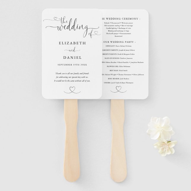 Black And White Heart Script Wedding Program Hand Fan (Front and Back)