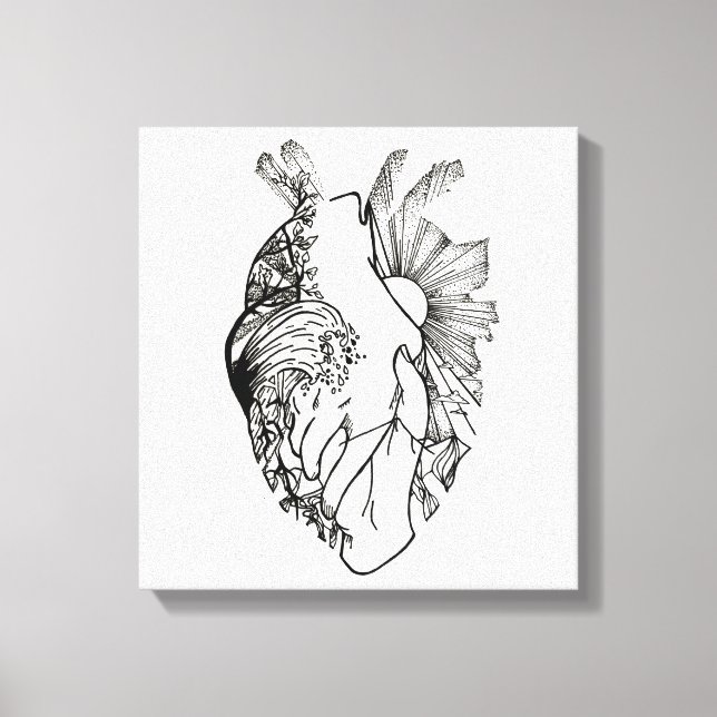 Black and White Heart-Shaped Ink Art Canvas Print (Front)