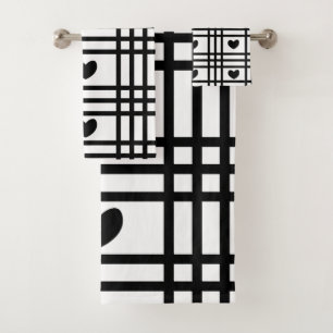 Black and White Heart Stripes Pattern Bath Towel Set