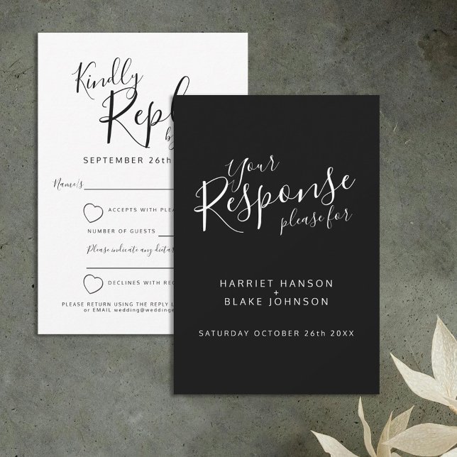 Black and white heart wedding reply RSVP Card (Creator Uploaded)